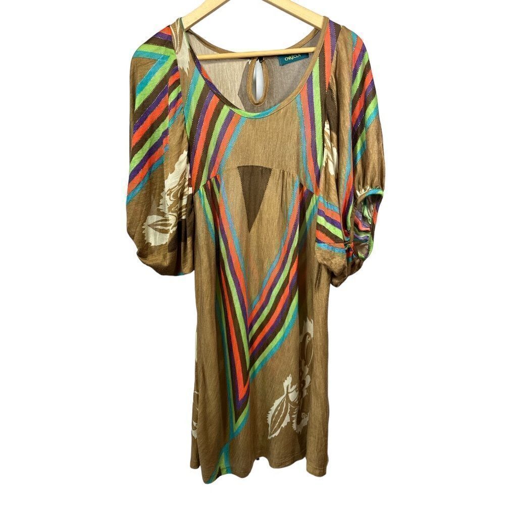 ORION Women's Puff Sleeve Abstract Stripe Semi-Sheer Shift Dress Tan Size S/M